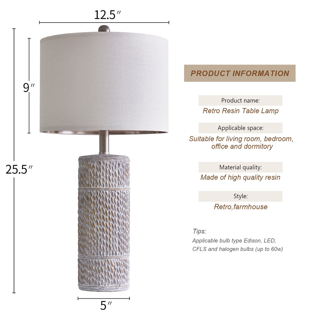 Oneach 25.5" Farmhouse Table Lamp Set of 2 for Bedroom Living Room Bedside Nightstand Lamps Resin Retro