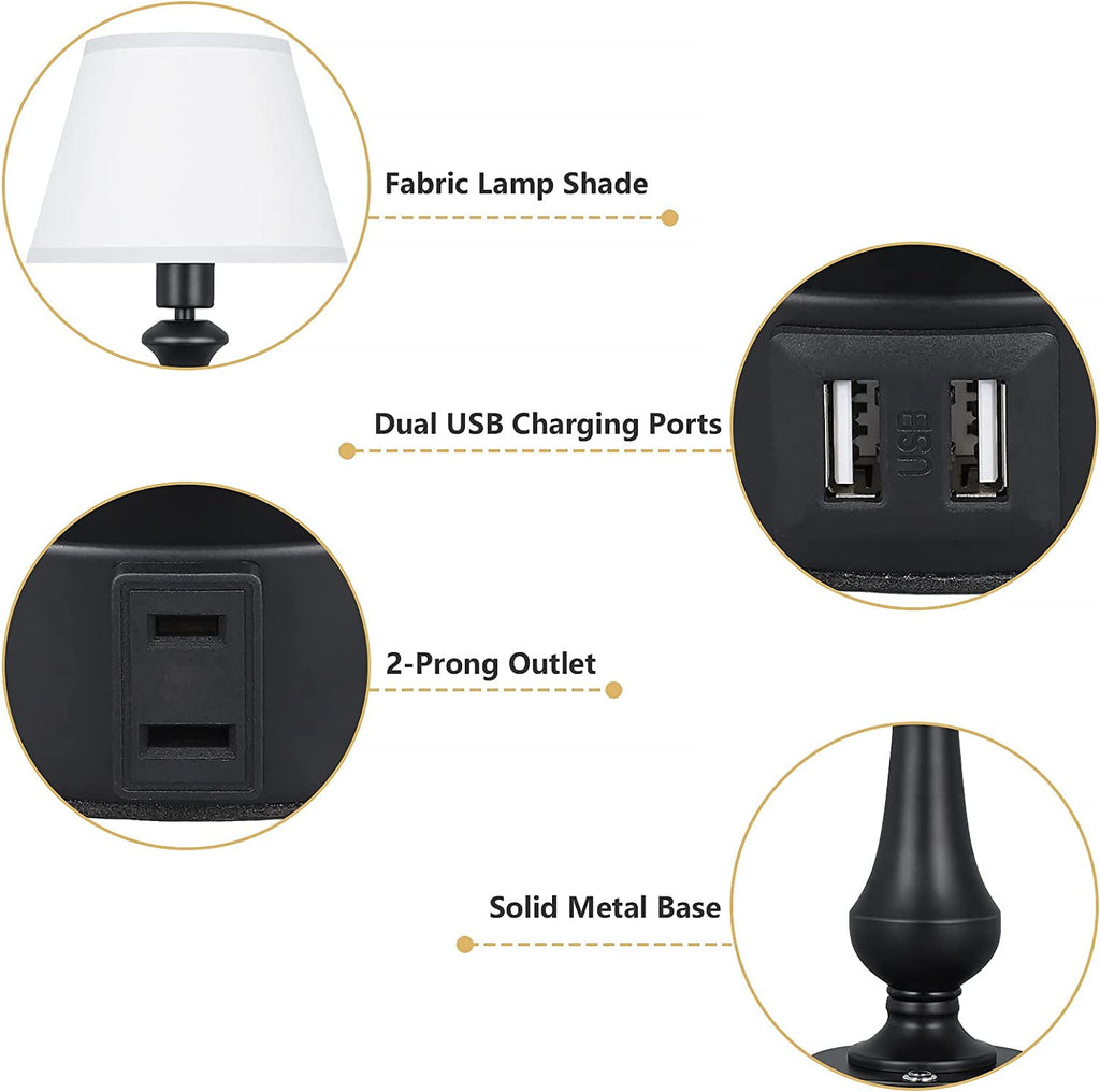 Oumilen Set of 2 Touch Sensor Touch Control Table Lamp, with 2 USB Charging Port, Black