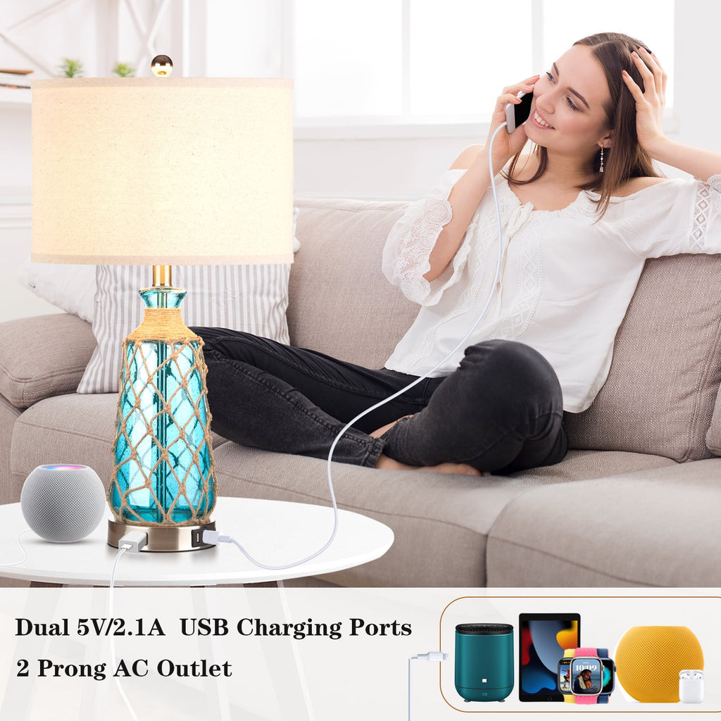 Cinkeda Coastal Table Lamps Set of 2 with USB C & A Charging Ports & AC Outlet - 3-Way Dimmable Touch Control Bedside Lamps,25" Tall, Glass
