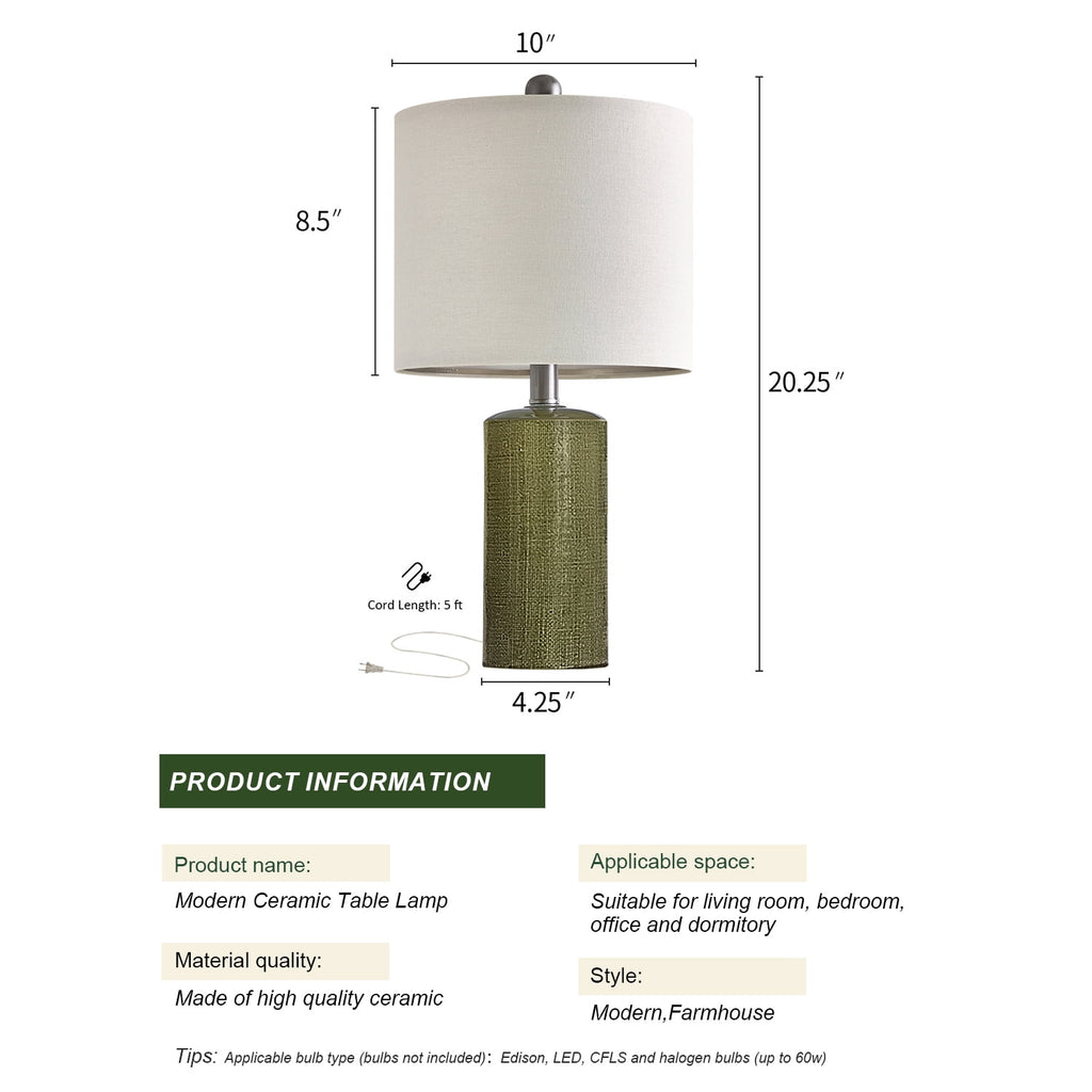 Oneach Modern Table Lamp Set of 2 for Living Room 20.25" Farmhouse Green Ceramic Bedside Nightstand Lamps for Bedroom