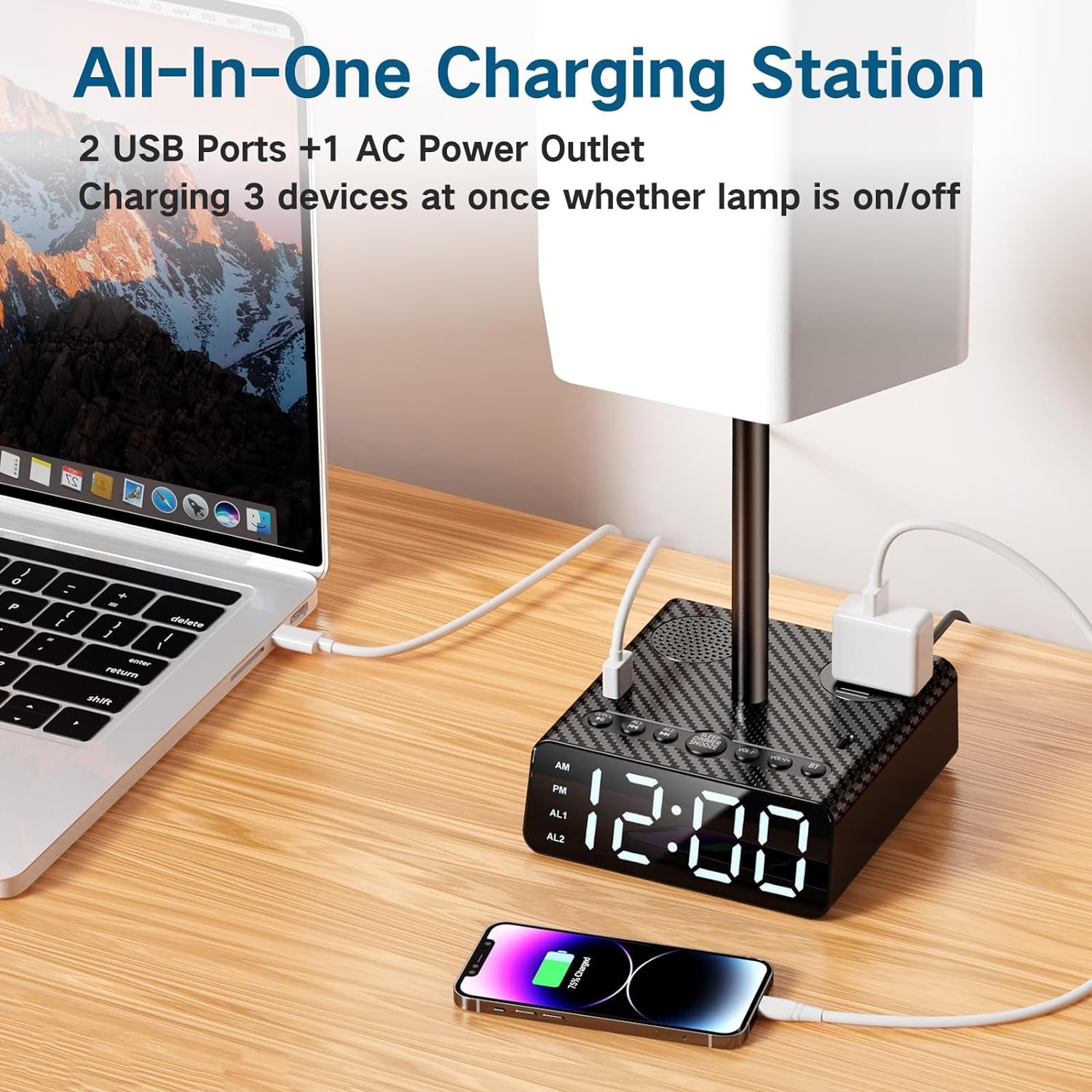 Black Alarm Clock Table Lamp, 3-way Dimmable Bedside Lamp with USB Port, Speaker and Radio - Touch Control, Suitable for Study Room, Bedroom