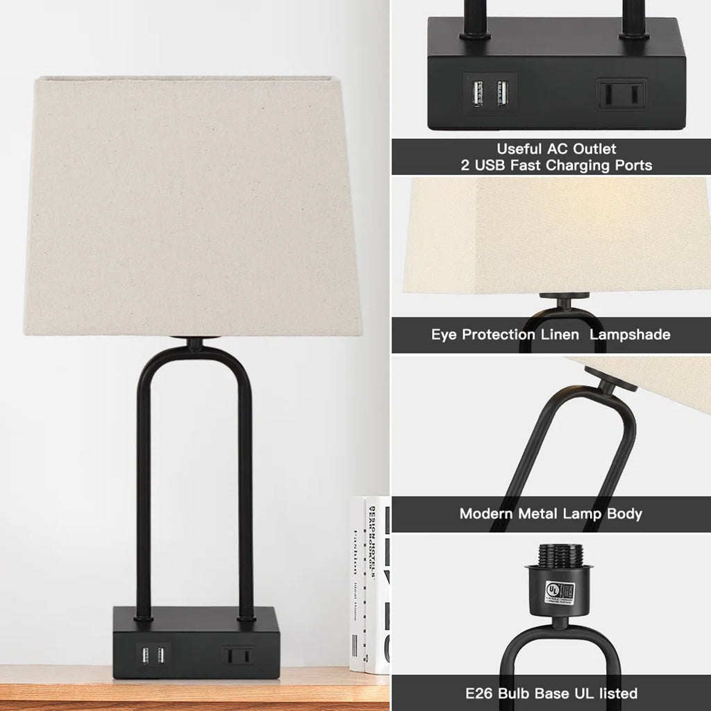 Cinkeda 3 Way Dimmable Touch Table Lamps Set of 2 with USB Ports AC Outlet 18" Modern Black Metal Bedside Nightstand Lamp for Living Room Bedroom Office