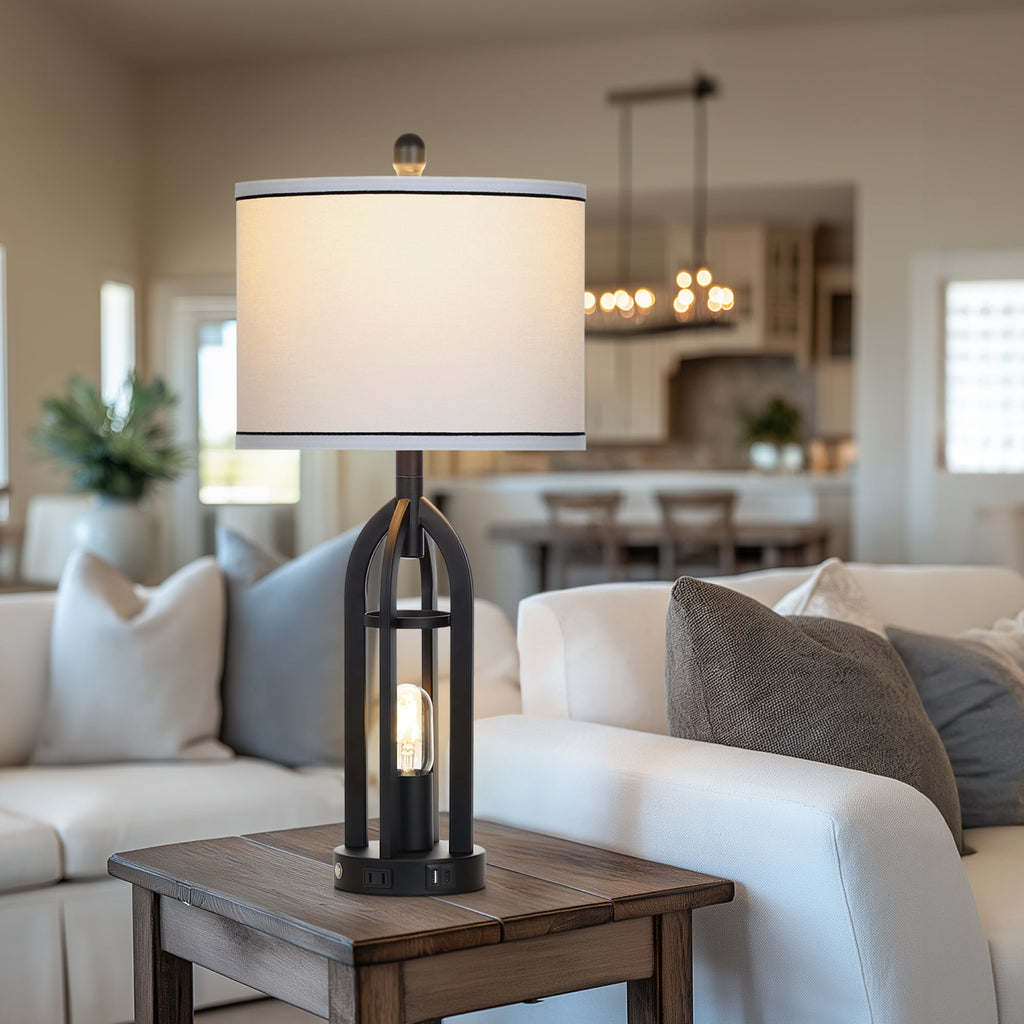 Cinkeda 3 Way Dimmable Table Lamp Set of 2 with AC Outlet USB A+C Charging Ports Touch Control Nightlight for Bedroom Living Room 27" Industrial Black Bedside Nightstand Lamps