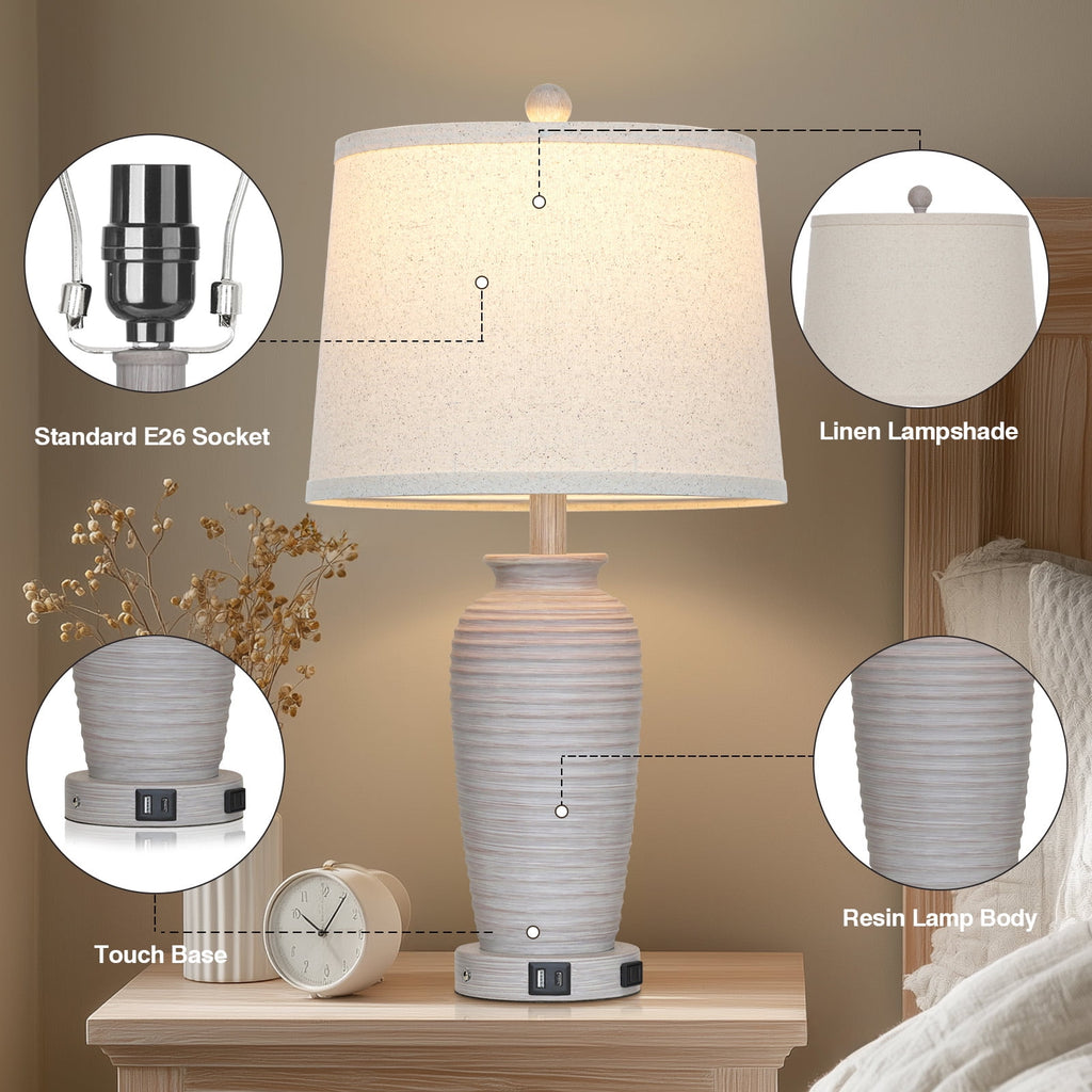 Cinkeda 25" Farmhouse Jar Table Lamps for Living Room Bedroom Set of 2 with USB A+C Ports AC Outlet 3 Way Dimmable Touch Control Resin Bedside Nightstand Lamp