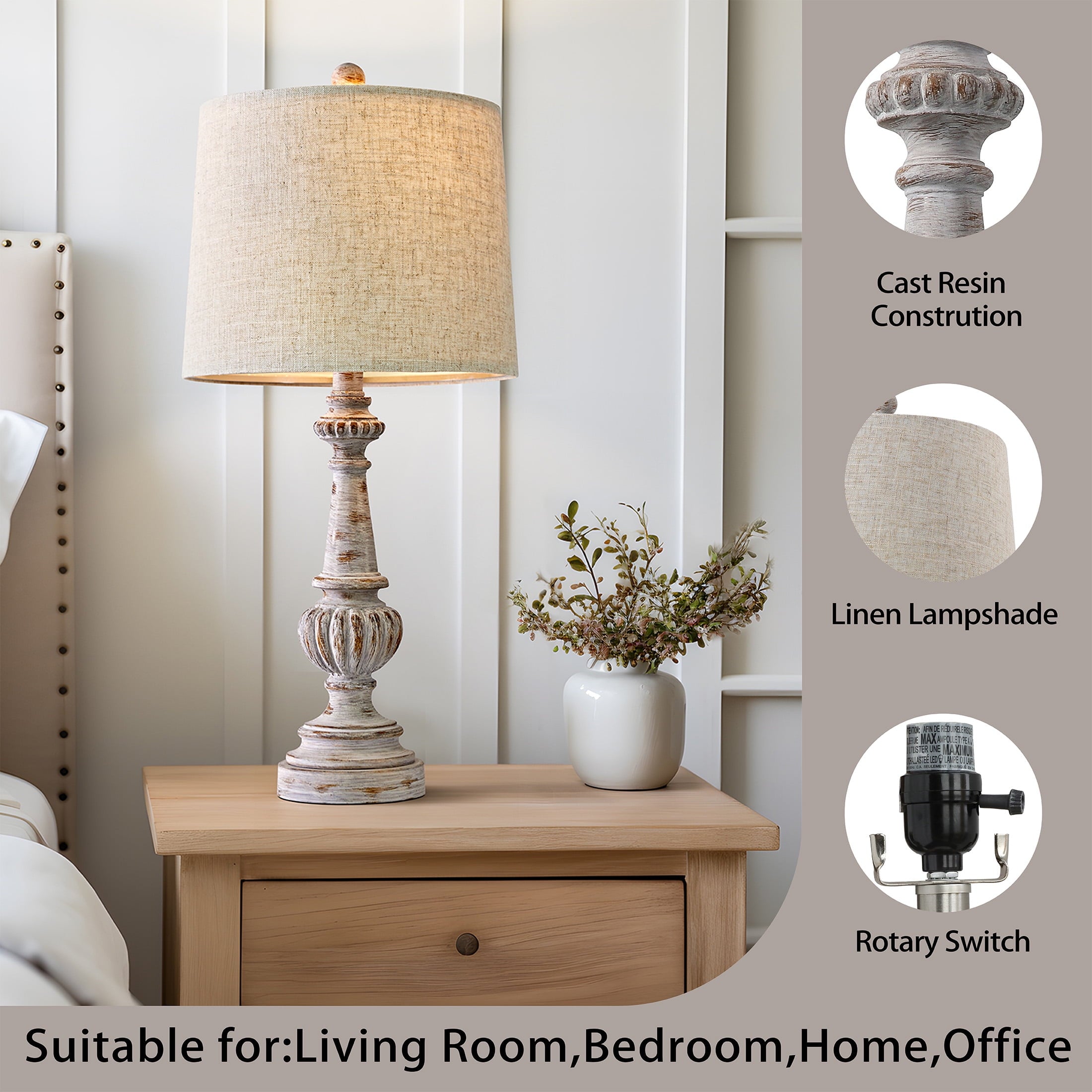 Oneach Rustic Table Lamp Set of 2 for Bedroom Living Room 24.5" Farmhouse Resin Bedside Nightstands Lamps with Linen Drum Shade