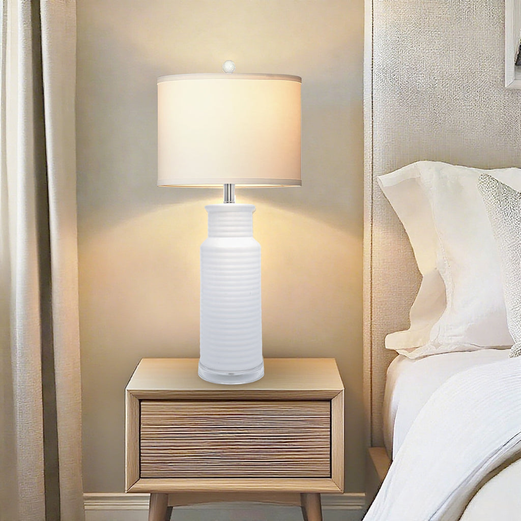 Tnuyoah Modern Table Lamps Set of 2, Living Room Retro White Ceramic Lamp - 28'' Farmhouse Beside Nightstand Lamps for Bedroom with Fabric Shade, Rotary Switch, Bulbs Not Included