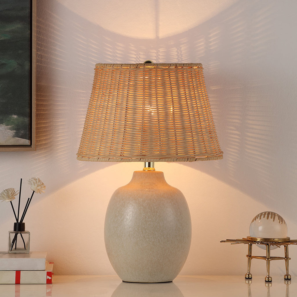 Better Homes & Gardens 18" Cream Reactive Ceramic Table Lamp with Natural Rattan Shade