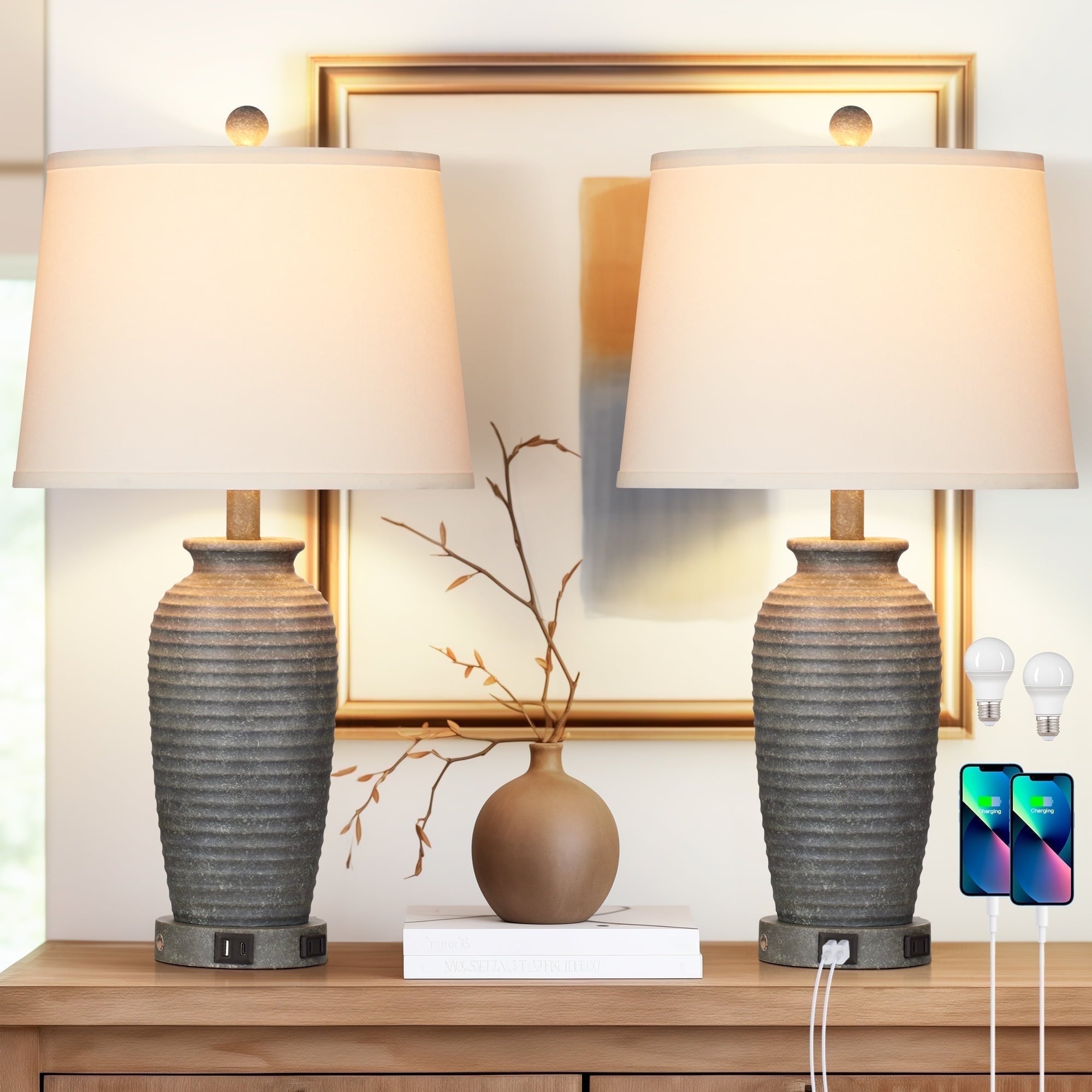 Cinkeda Farmhouse Jar Table Lamp Set of 2 with USB A+C Ports & AC Outlet, 3-Way Dimmable Touch Control, Resin for Bedroom Nightstand