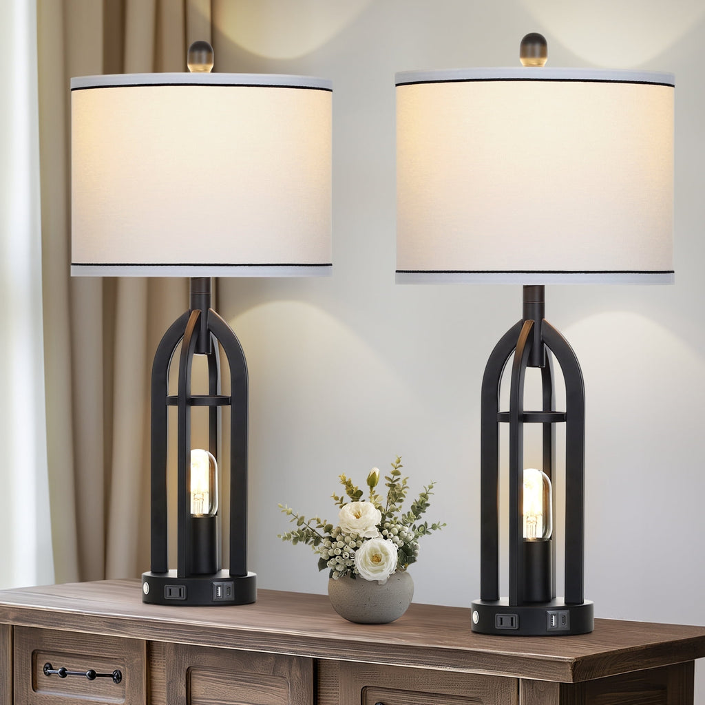 Cinkeda 3 Way Dimmable Table Lamp Set of 2 with AC Outlet USB A+C Charging Ports Touch Control Nightlight for Bedroom Living Room 27" Industrial Black Bedside Nightstand Lamps