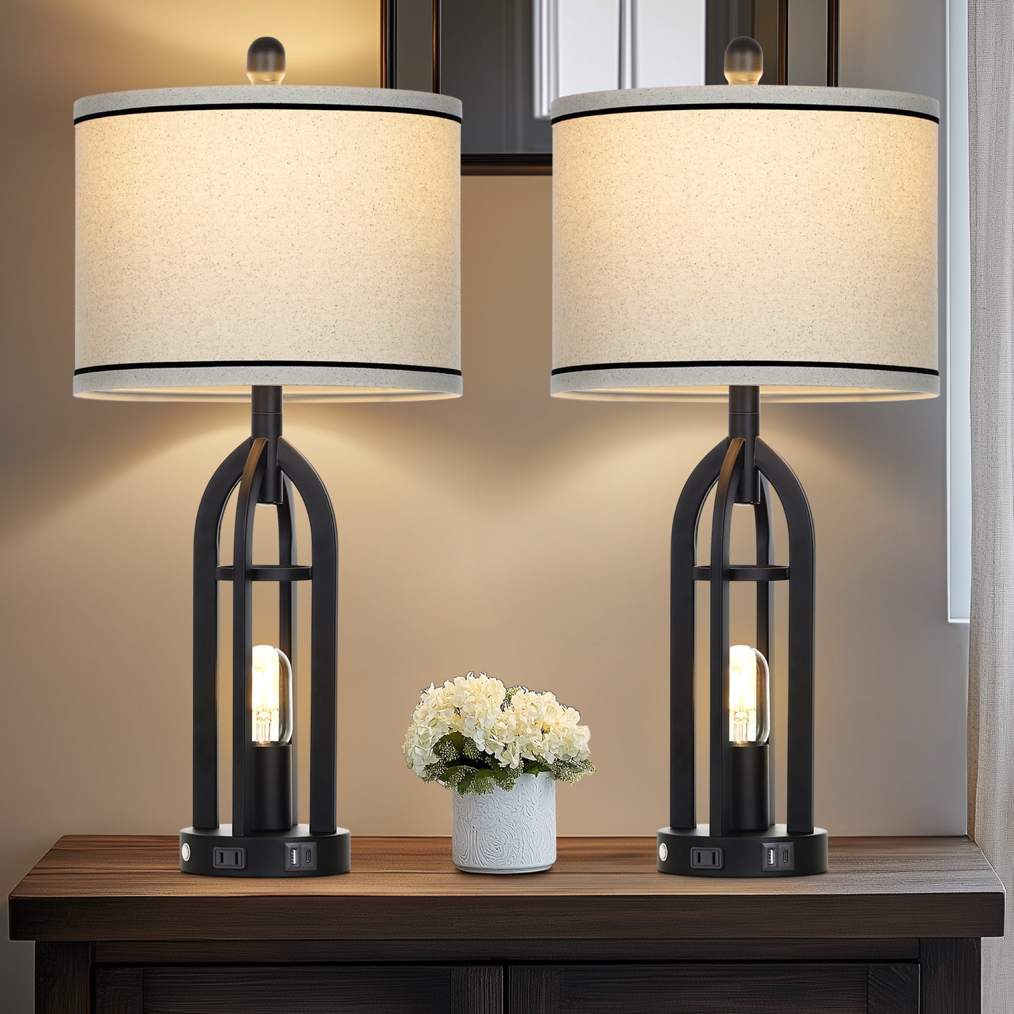 Cinkeda 3 Way Dimmable Table Lamp Set of 2 with AC Outlet USB A+C Charging Ports Touch Control Nightlight for Bedroom Living Room 27" Industrial Black Bedside Nightstand Lamps