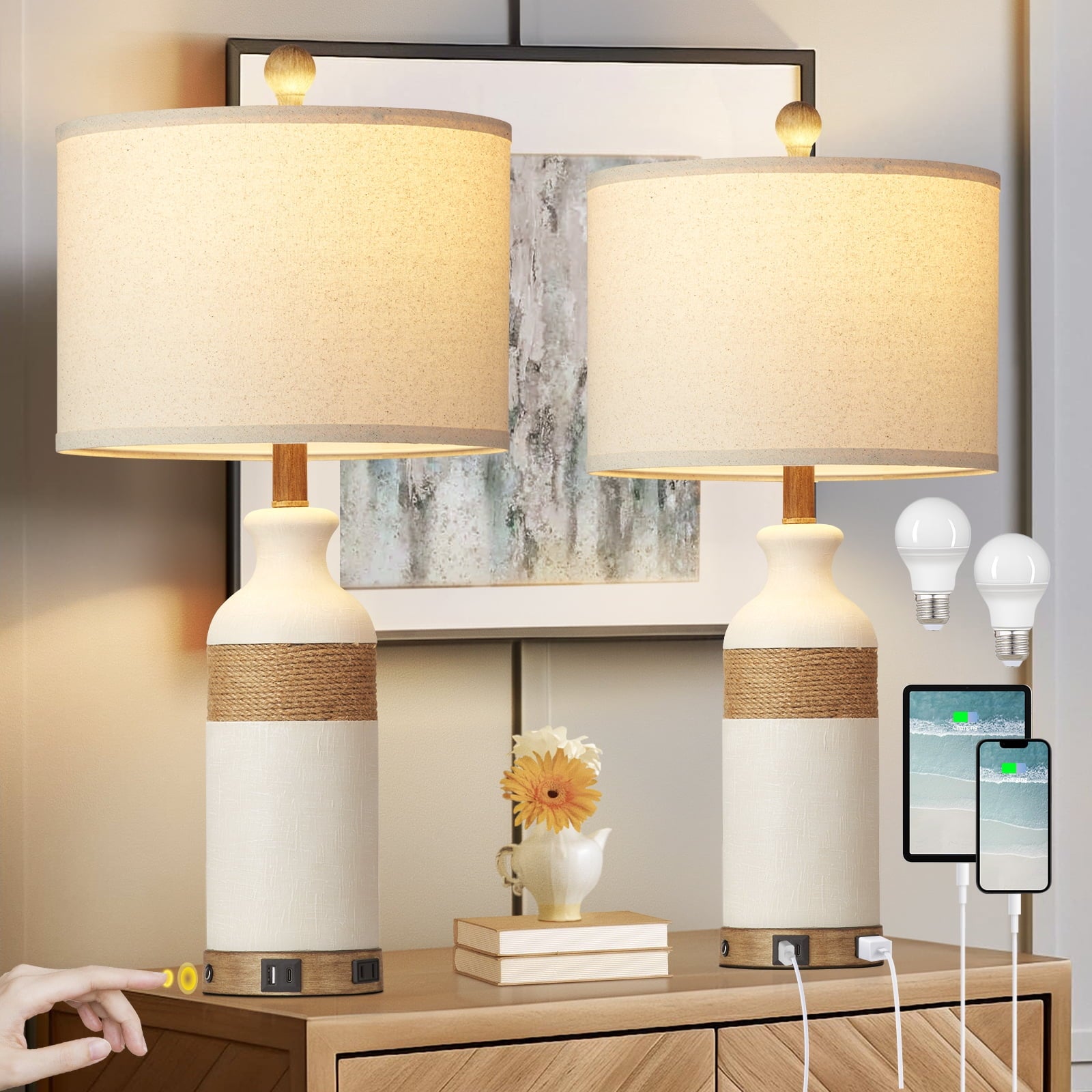 Cinkeda Table Lamp Set of 2 with 2 USB Charging Ports,3 Way Dimmable Rustic White Bedside Nightstand Lamps for Bedroom Living Room