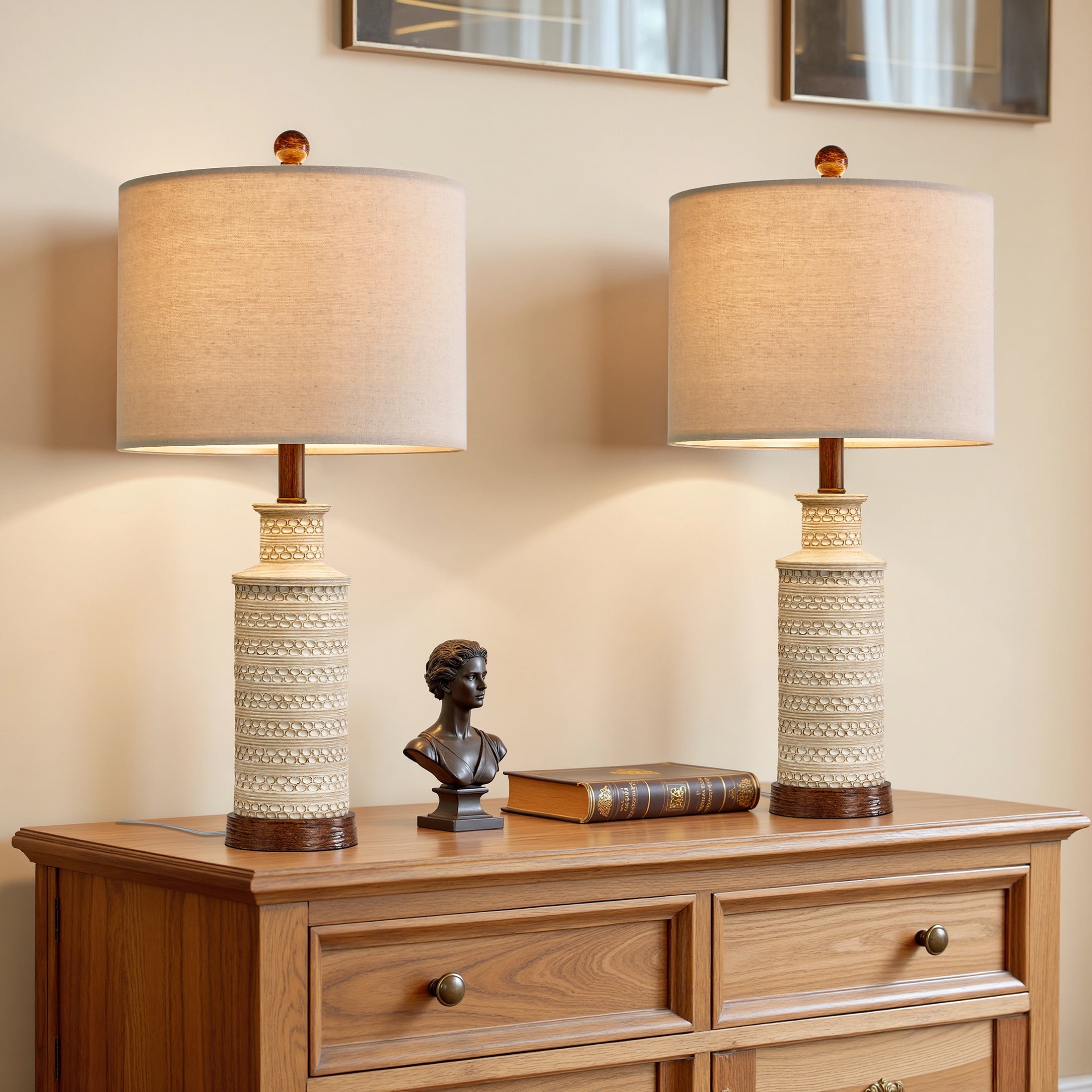 Oneach 3 Way Dimmable Table Lamp Set of 2 with USB Ports for Bedroom Living Room 24.5" Vintage Rustic Farmhouse Touch Control Nightstand Bedside Lamps Resin (Bulbs)