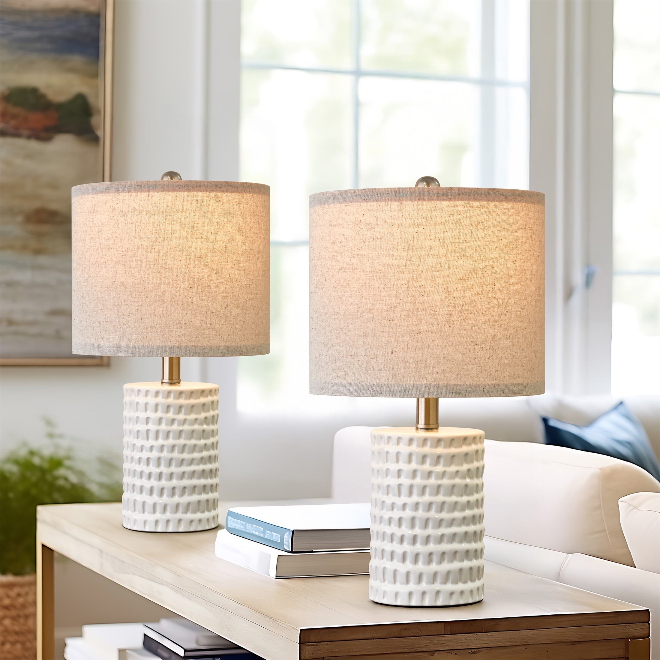 Oneach Ceramic Table Lamp Set of 2 for Living Room Bedroom 18.25" Modern White Bedside Nightstands Lamps