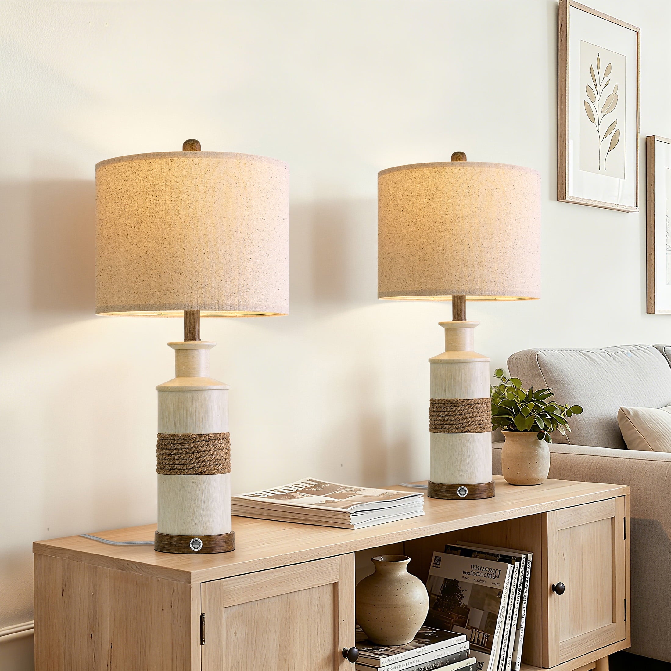 Oneach 3 Way Dimmable Table Lamp Set of 2 with USB Ports for Bedroom Living Room 24.5" Vintage Rustic Farmhouse Touch Control Nightstand Bedside Lamps Resin (Bulbs)