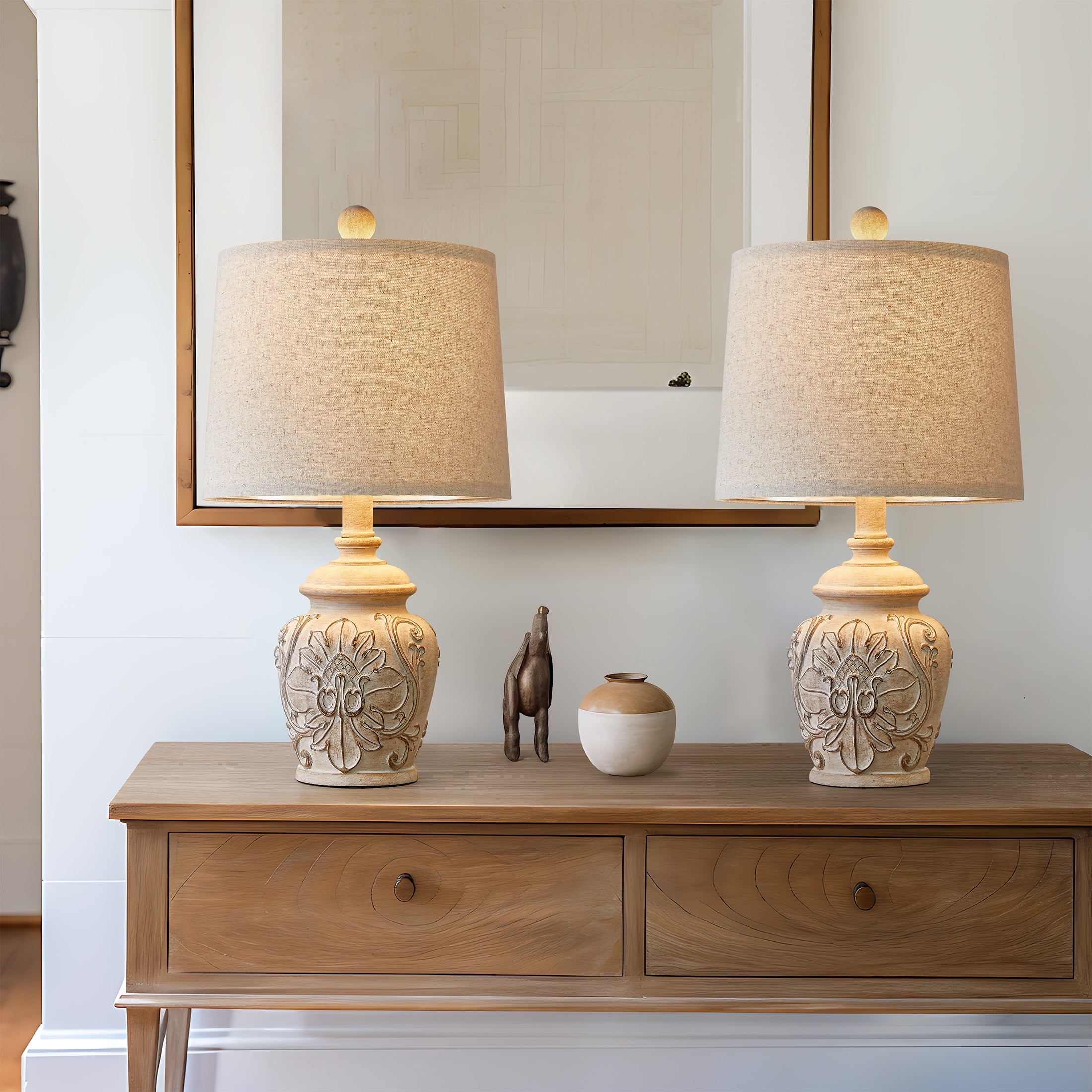 Oneach Vintage Table Lamps Bedside Lamp Set of 2 for Bedroom Living Room 18.75" Retro Farmhouse Floral Nightstands Lamps Resin