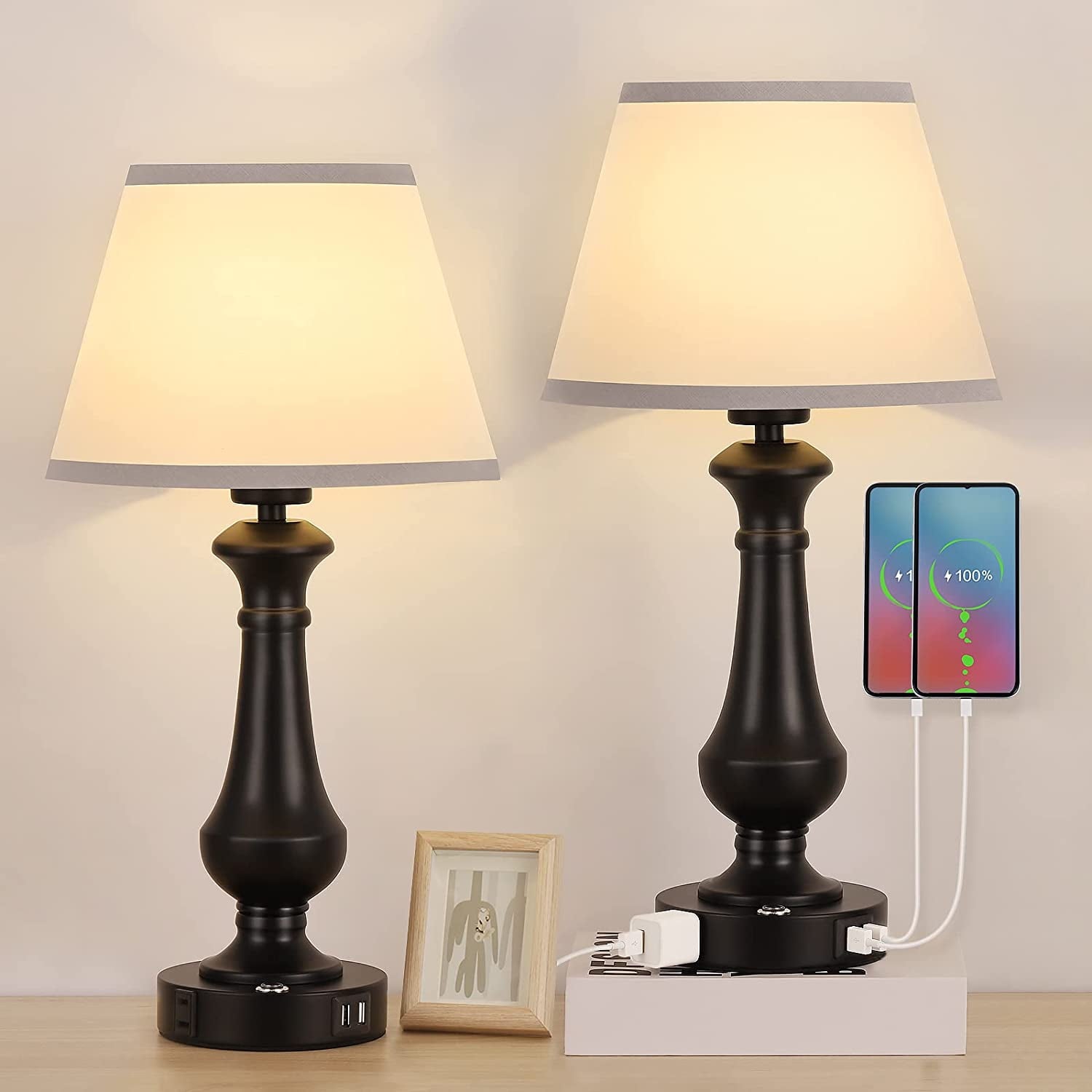 Oumilen Set of 2 Touch Sensor Touch Control Table Lamp, with 2 USB Charging Port, Black