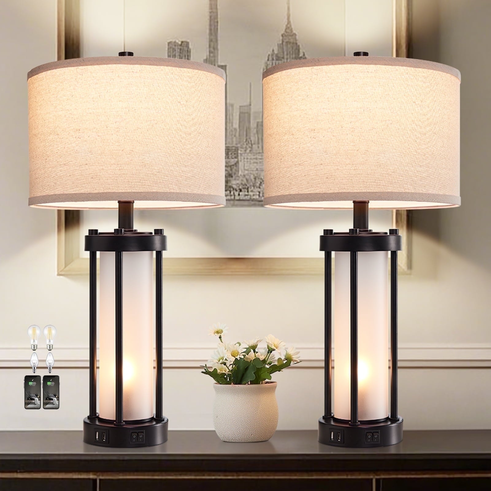 RORIA 24” Modern Living Room Table Lamp Set of 2 with 2 USB charging ports, built-in frosted white glass with night light, black retro country farmhouse lamp, perfect for bedroom bedside lamps