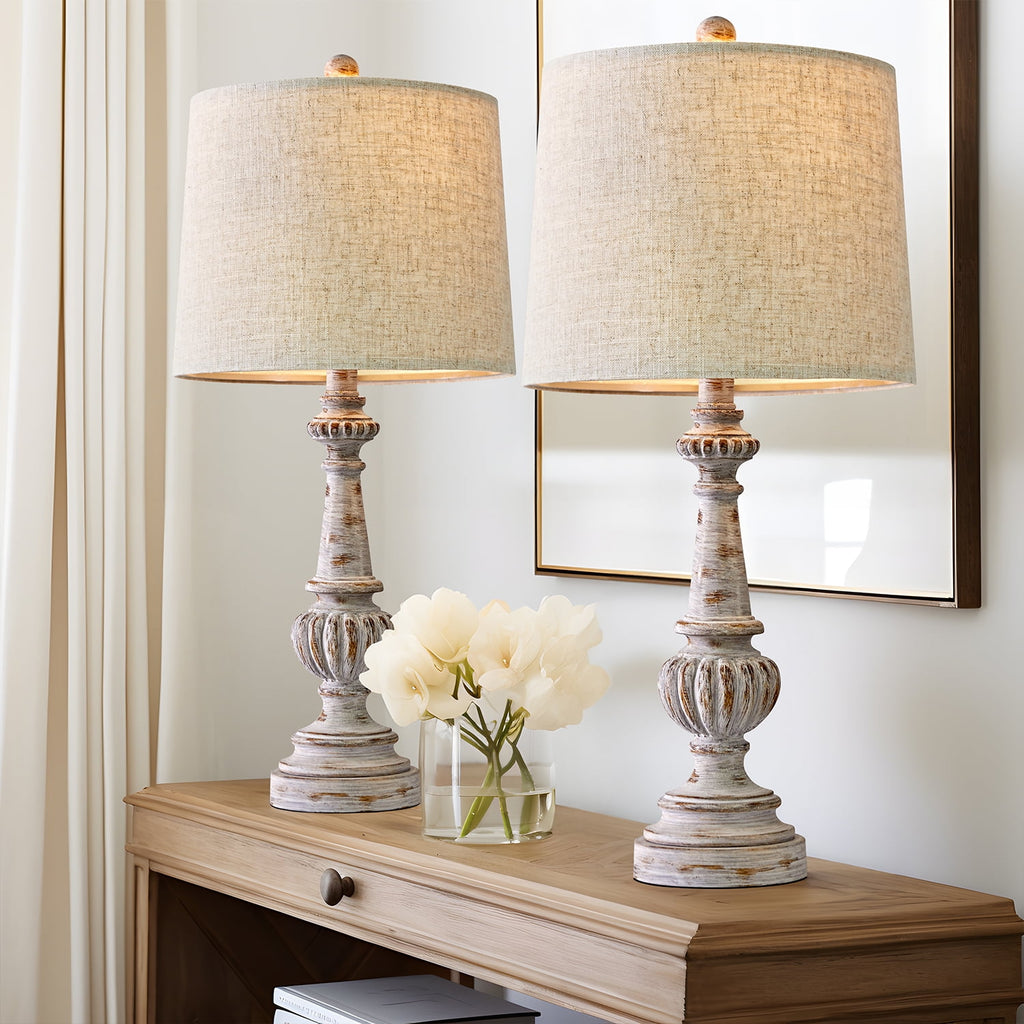 Oneach Rustic Table Lamp Set of 2 for Bedroom Living Room 24.5" Farmhouse Resin Bedside Nightstands Lamps with Linen Drum Shade