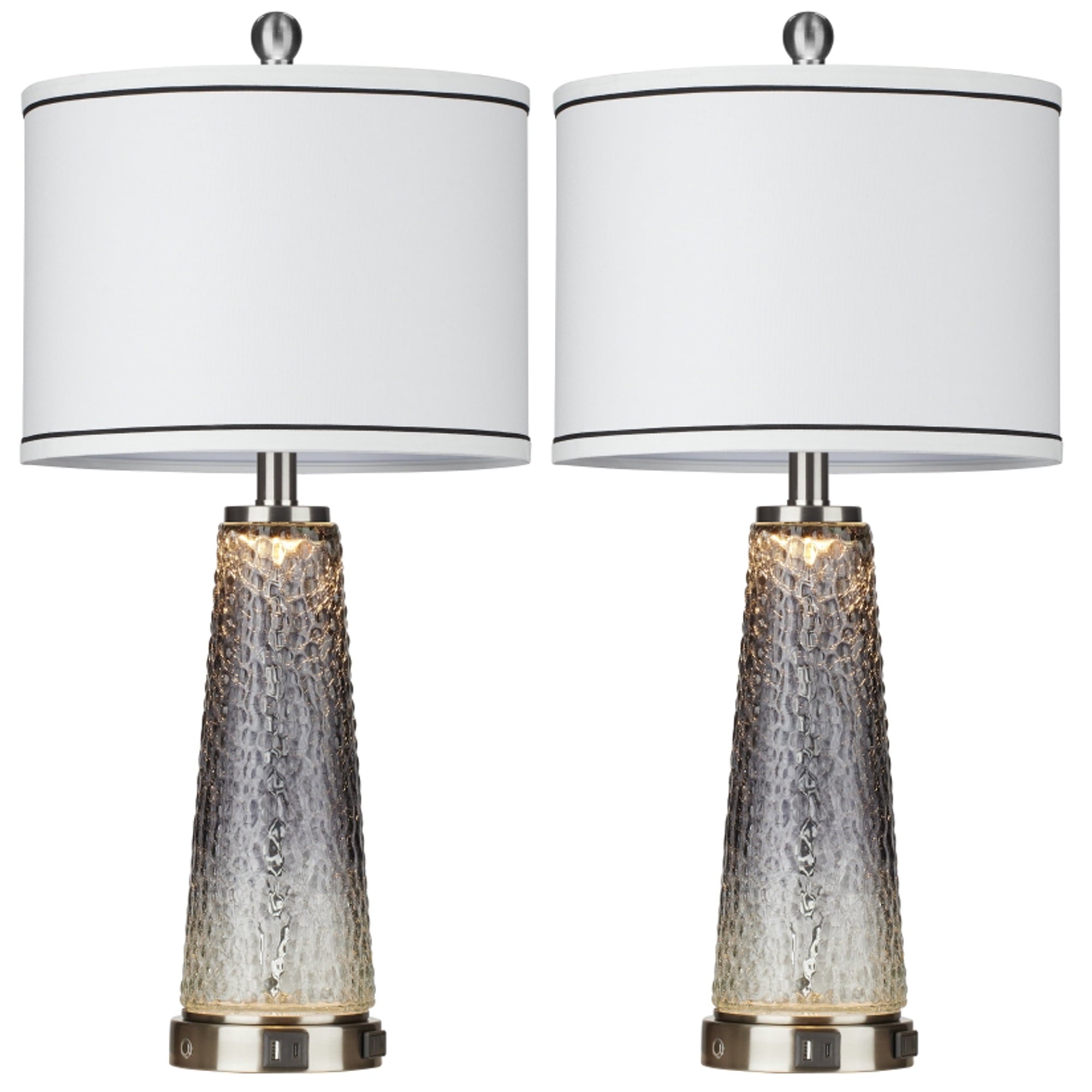 Cinkeda Modern Table Lamp Set of 2 for Bedroom Living Room with USB A+C Ports AC Outlet Gradient Grey Glass Nightlight Nightstand Bedside Lamps