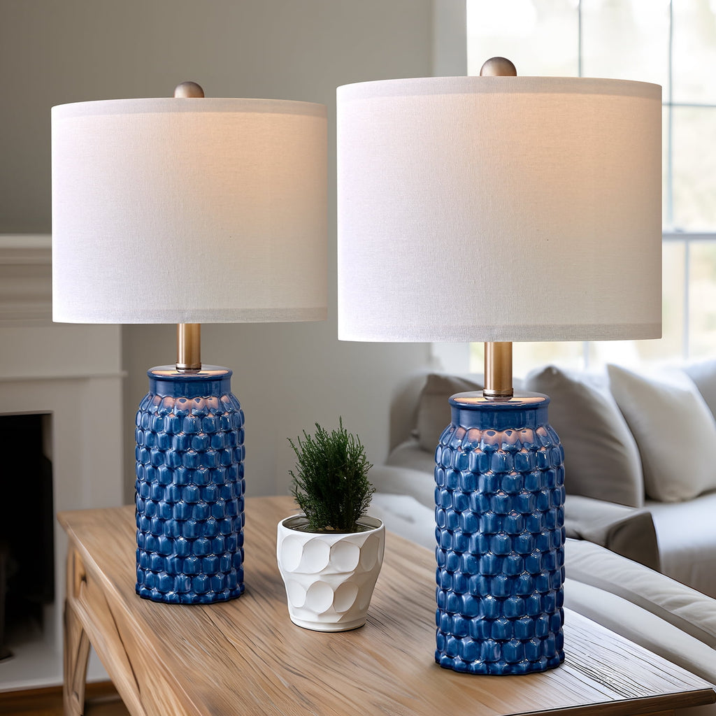 Oneach Modern Table Lamp Set of 2 for Bedroom Living Room 20.5" Contemporary Dark Blue Ceramic Bedside Nightstand Lamps