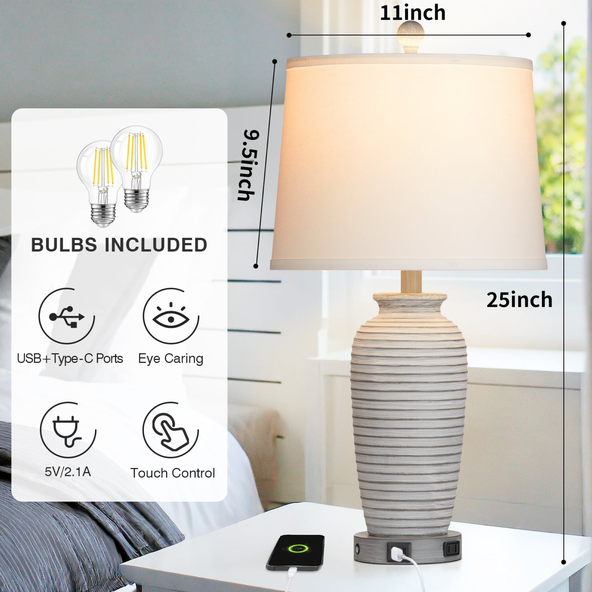 Cinkeda Farmhouse Jar Table Lamp Set of 2 with USB A+C Ports & AC Outlet, 3-Way Dimmable Touch Control, Resin for Bedroom Nightstand